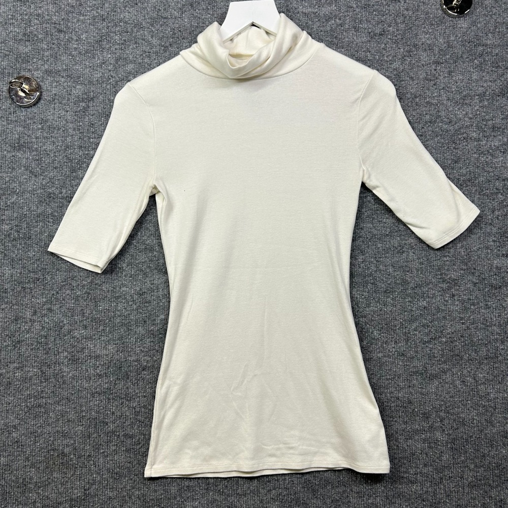 A New Day Turtleneck Top Womens Ivory Elbow Sleeve Fitted Knit Stretch - Small